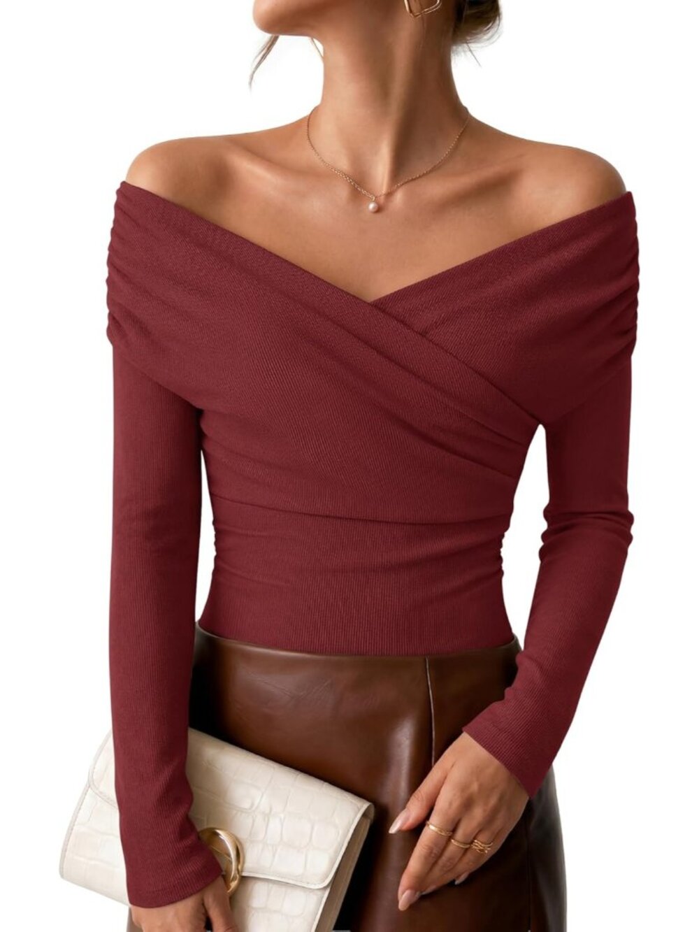 Women's Burgundy Off Shoulder Neck Front Ribbed Long Sleeve Casual T-shirt Top
